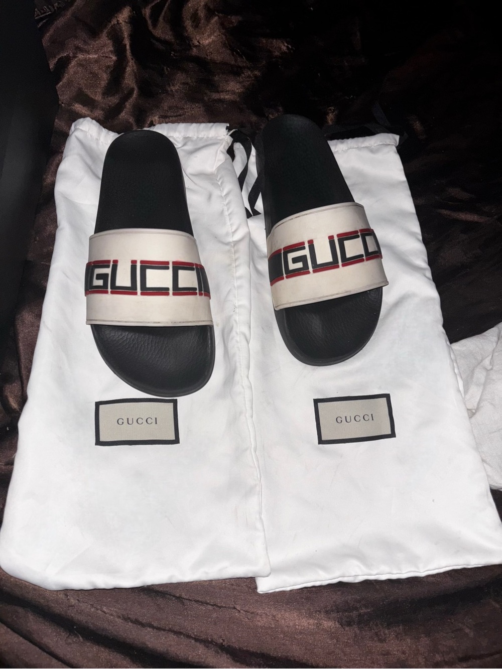 Gucci Men’s Black White Slide Sandals with Red Accent Logo